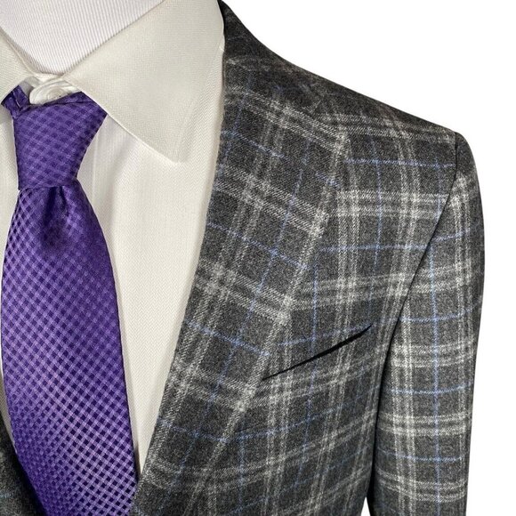 Faconnable Loro Piana Sport Coat 41R Wool Cashmere Silk Flannel Grey Plaid - Picture 3 of 16